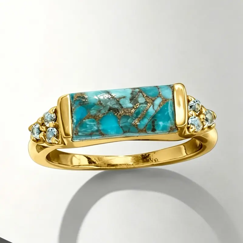 1 Piece Rectangular Imitation Turquoise Statement Ring, Light Blue Crystal Inlaid Vintage Western Style Finger Ring, Women Bohemian Fashion Jewelry, Unique Rings