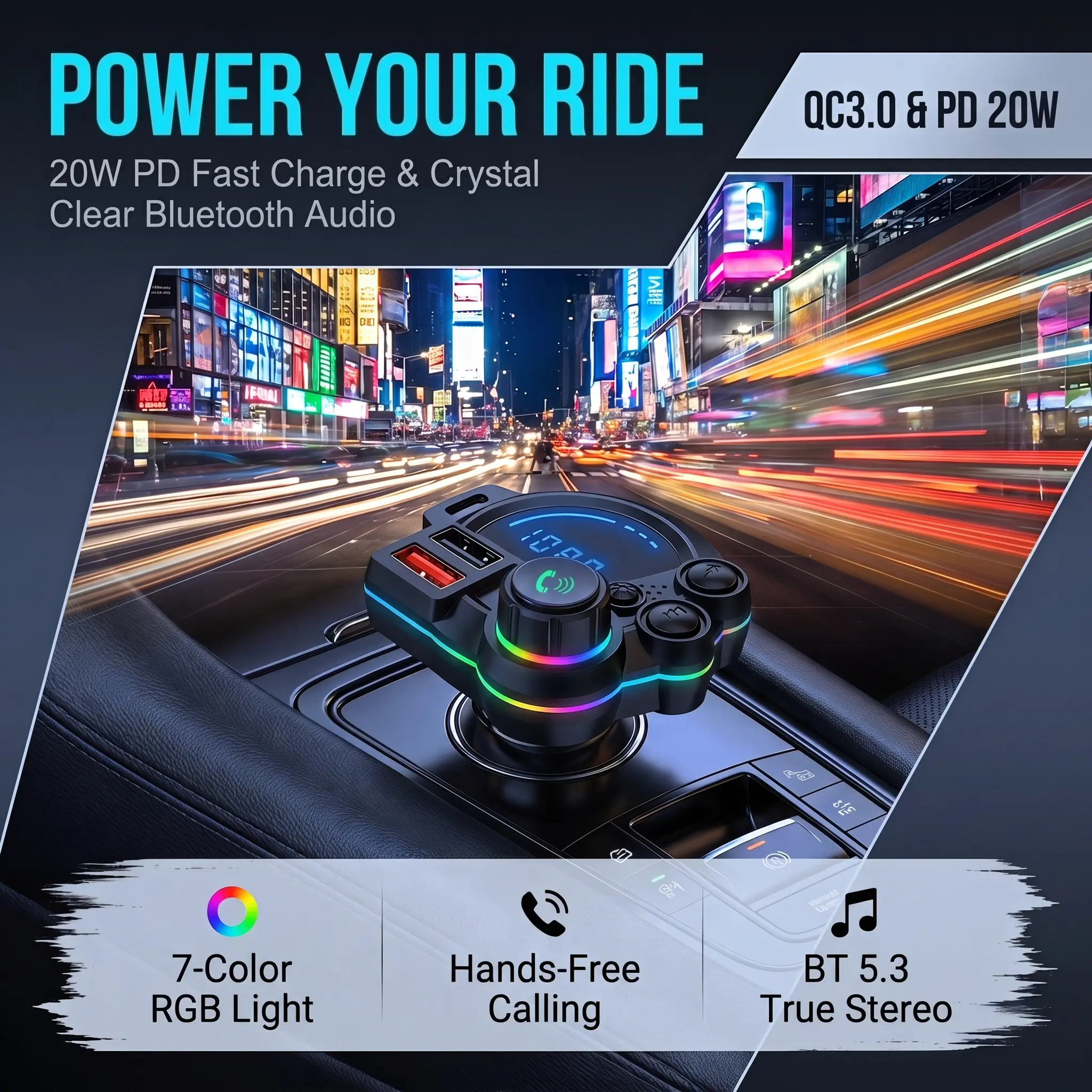 [summerfinds]PD 20W Type-C Car Charger & Bluetooth 5.3 FM Transmitter, Wireless MP3 Player with Dual USB Ports, Bass Sound Enhancer, RGB Glowing Radio Adapter, Hands-Free Calls, Car Accessories & Road Trip Essentials, Compatible with 12V-24V-YY2