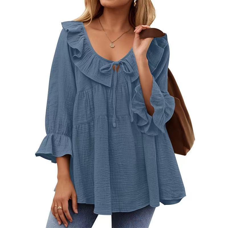 Women'S Plus Size Elegant Blouse with Ruffle Trim, Tie Front, and Bow Detail - Loose Fit, Long Sleeve, Solid Color, Polyester,  Fabric Shirts