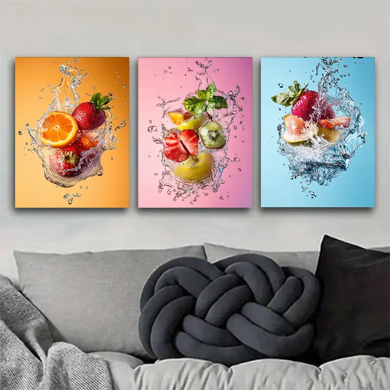 3Pcs Playful Colored Fruit Pattern Wood Framed Waterproof 2D Canvas Wall Art Prints - Home Decor for Living Room, Bedroom - Perfect Birthday, Housewarming Holiday Gifts fall decor 2026 wall decor