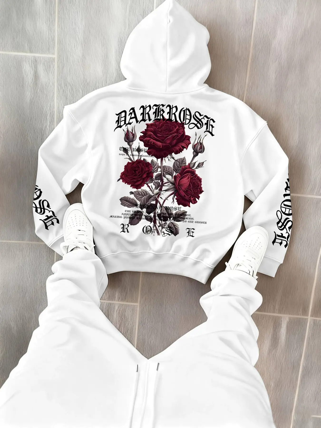Men's Hoodie Set 2 Piece, Rose Print Casual Hooded Sweatshirt + Drawstring Sports Pants, Trendy Streetwear for Men