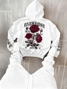 Men's Hoodie Set 2 Piece, Rose Print Casual Hooded Sweatshirt + Drawstring Sports Pants, Trendy Streetwear for Men