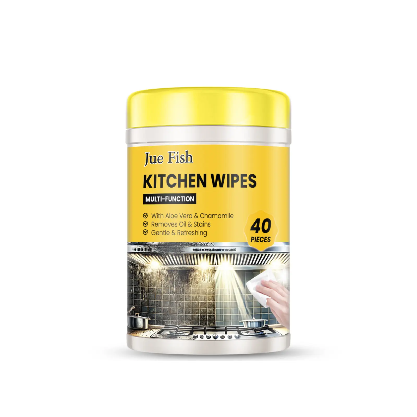 Jue-Fish Kitchen Cleaning Wipes - 40 Pcs, 12.7*8.2cm, 3 Years Shelf Life, EDTA Disodium Infused, No Need to Rinse Off, Heavy Grease Stain Remover for Countertops, Stoves, Ovens