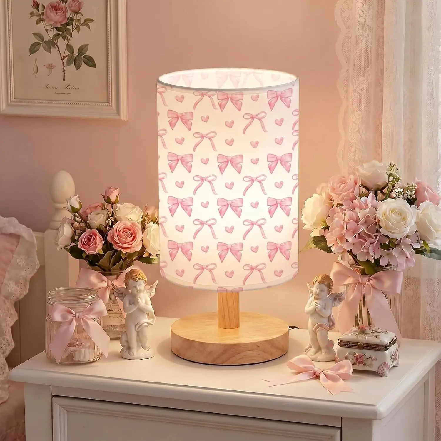 Glooglitter Pink Bow Table Lamp Gifts 3 Colors Dimmable Lights 11.02 x 5.12 Inch Night Light Bedside Lamps Decoration for Bedroom Desk Birthday Gifts for Home Decor
