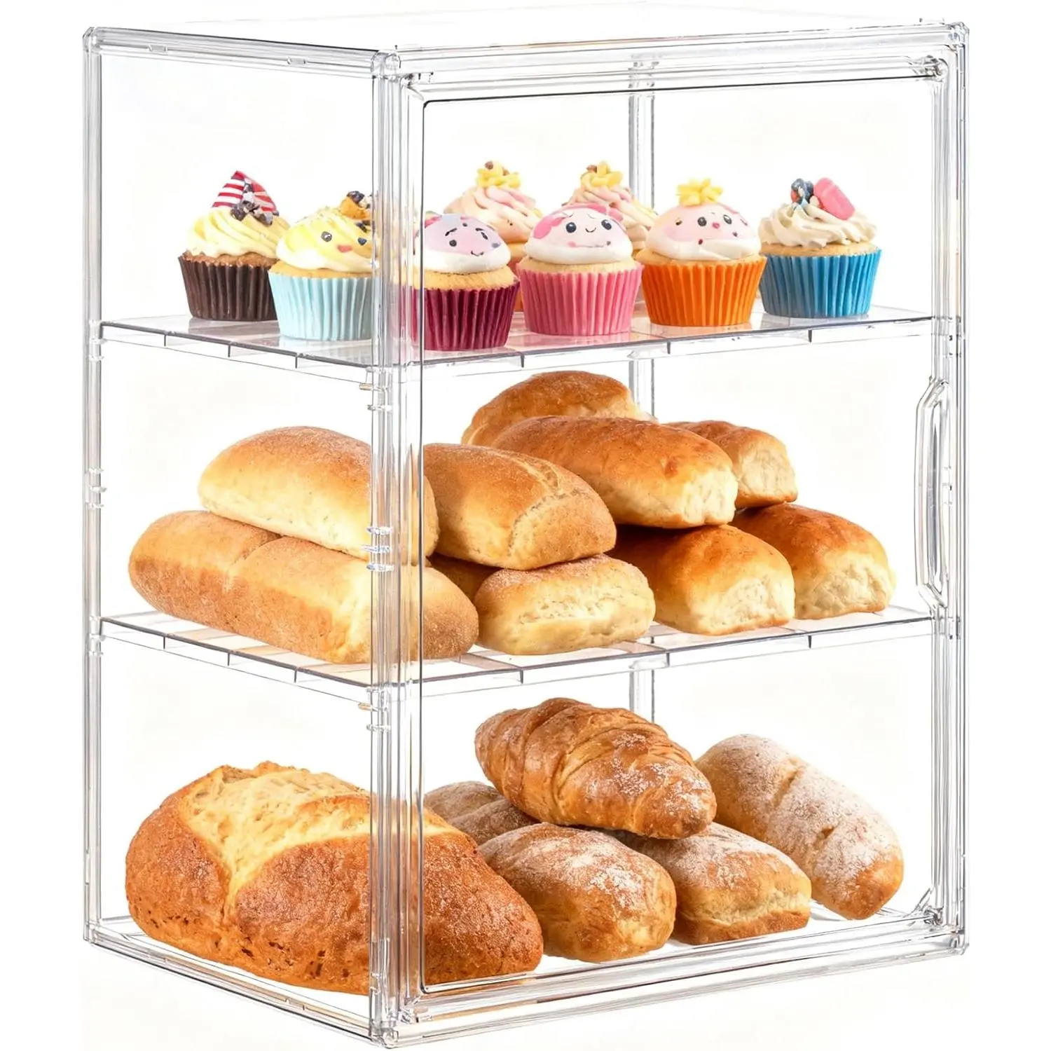 Bread Box, Pastry Display Case for Kitchen Countertop - 3-Tier Adjustable Clear  Bread Storage with  Door Closure, Counter Display for Homemade Bread, Bagels, Donuts, Muffins