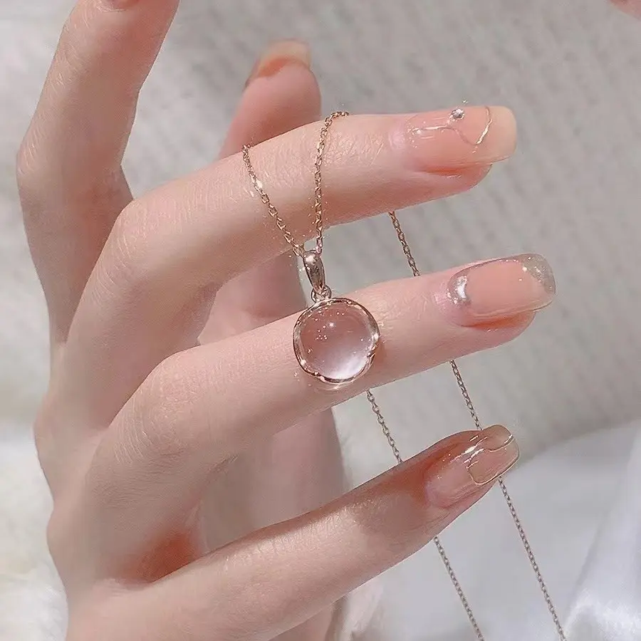 Women's Dainty Round Simulated Rose Quartz Pendant Necklace, Gold Plated Minimalist Clavicle Chain, Delicate Daily Dating Jewelry Gift for Her