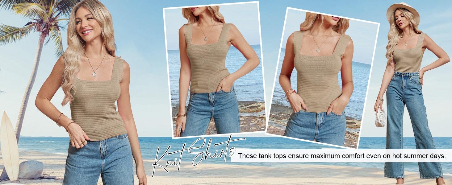 Womens Ribbed Tank Tops 2026 Summer Sleeveless Square Neck Shirts Casual Slim Fitted Knit Shirts for Beach & Workout Premium Fabric Low-Cut Square Neck Sleeveless Design - Womenswear, Basic
