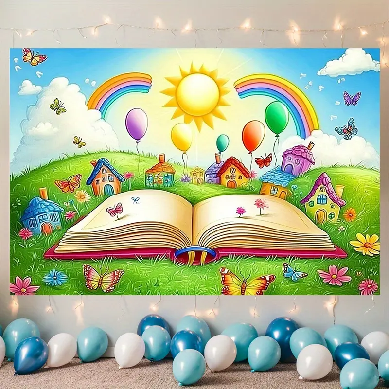 Open Book Classroom Backdrop Banner, Colorful Educational Theme Decoration for Rooms, Parties, Photography, Libraries, School Events and Wall Decor