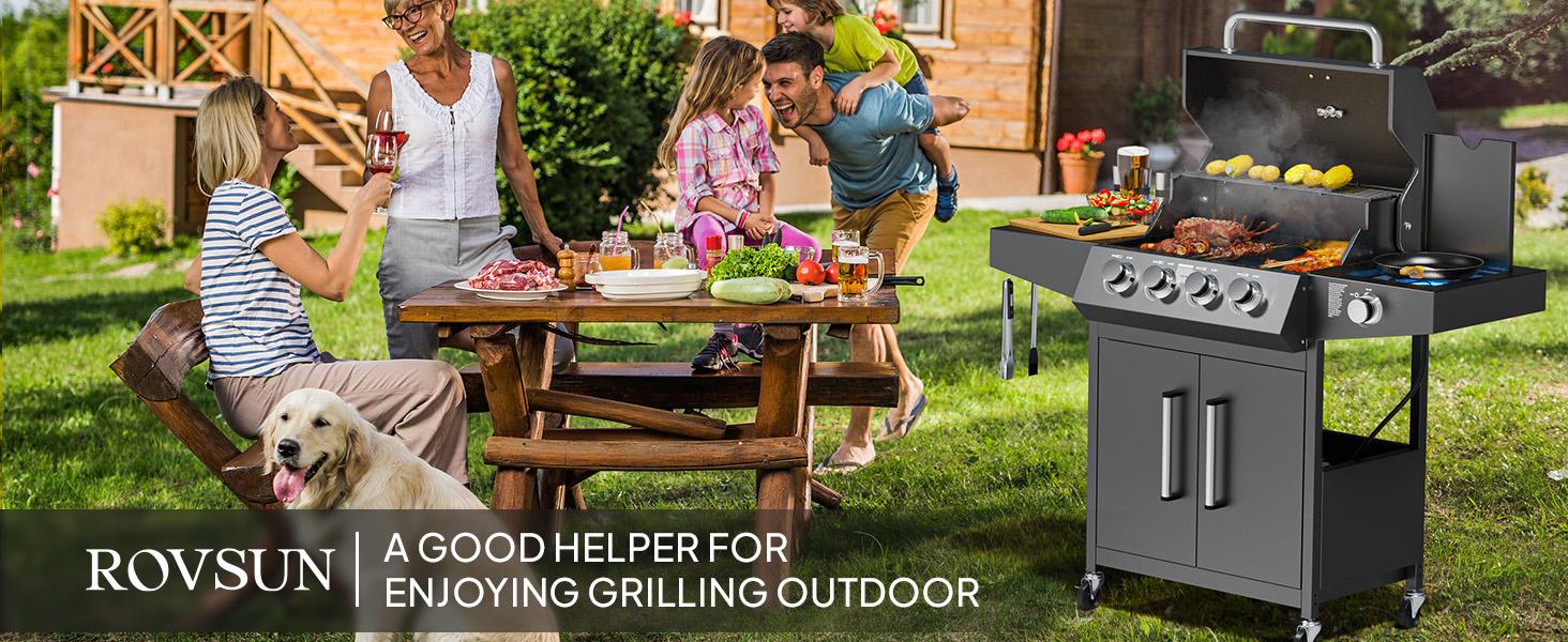 ROVSUN 4 Burner Propane Gas Grill with Side Burner, 58,000BTU BBQ Grills with Enameled Cast Iron Grates, Shelf & Cabinet for Outdoor Garden Patio Backyard Barbecue Cooking