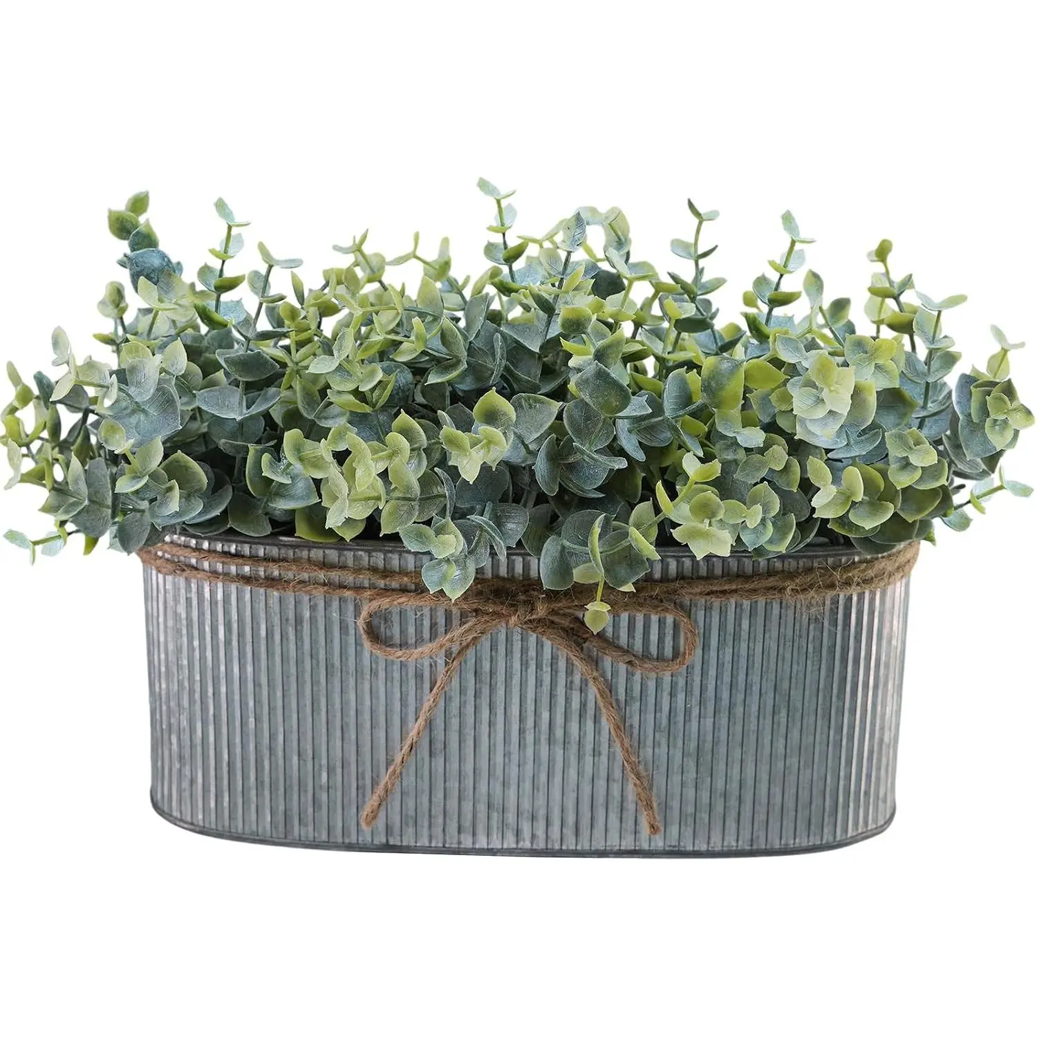 Artificial Eucalyptus Arrangement in Rustic Oval Galvanized Metal Planter Box - Faux Greenery Potted Plant for Farmhouse Indoor Home Office Table Centerpiece Kitchen Decor