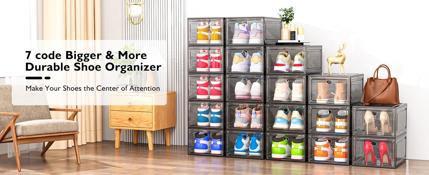 7 code Thicken & Sturdy Clear Shoe Storage Organizer with Magnetic Door, Stackable Boxes for Closet, Foldable Shoe Rack for Sneaker Boot Container, Plastic Shoe Cabinet Shoe Box 6 Pack, Black