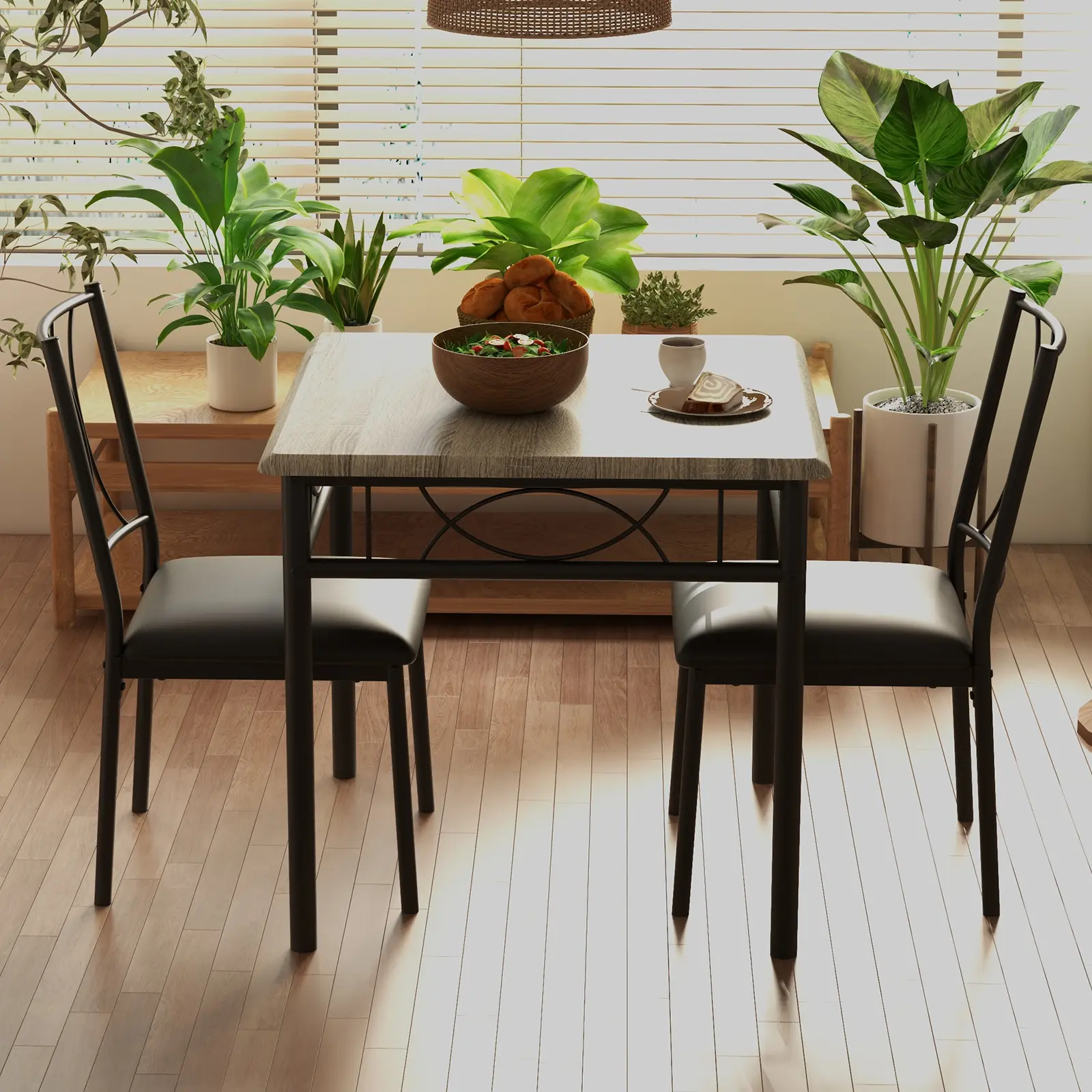 Small Space Dining Set for Two, Industrial Style Wood Table with 2 PU Leather Chairs and Metal Frame, Compact Apartment Kitchen Furniture