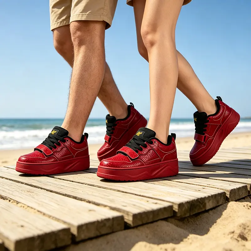 Unisex Vintage Skate Park Red Dragon Scale Textured Platform Trainers - Dual Closure Velcro & Thick Black Laces, Round Toe, Rubber All-Red Chunky Non-Slip Sole, Casual Sports Walking Street Workwear Shoes, Sports Shoes, Walking Shoes