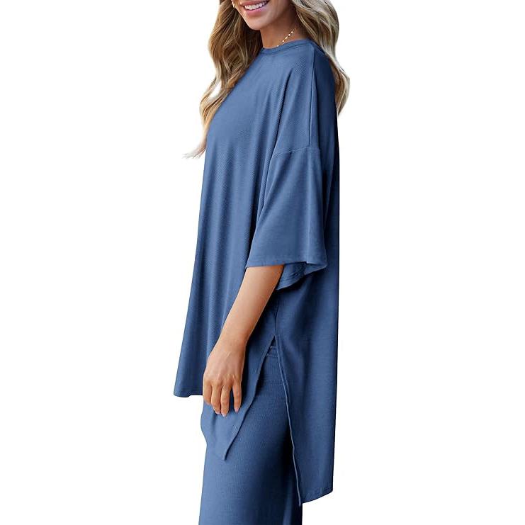 Women's 2-Piece Outfits Short Sleeve Pullover Tops Split Hem Wide Leg Pants Lounge Sets, Soft Suits-Womenswear Loungewear Nightwear