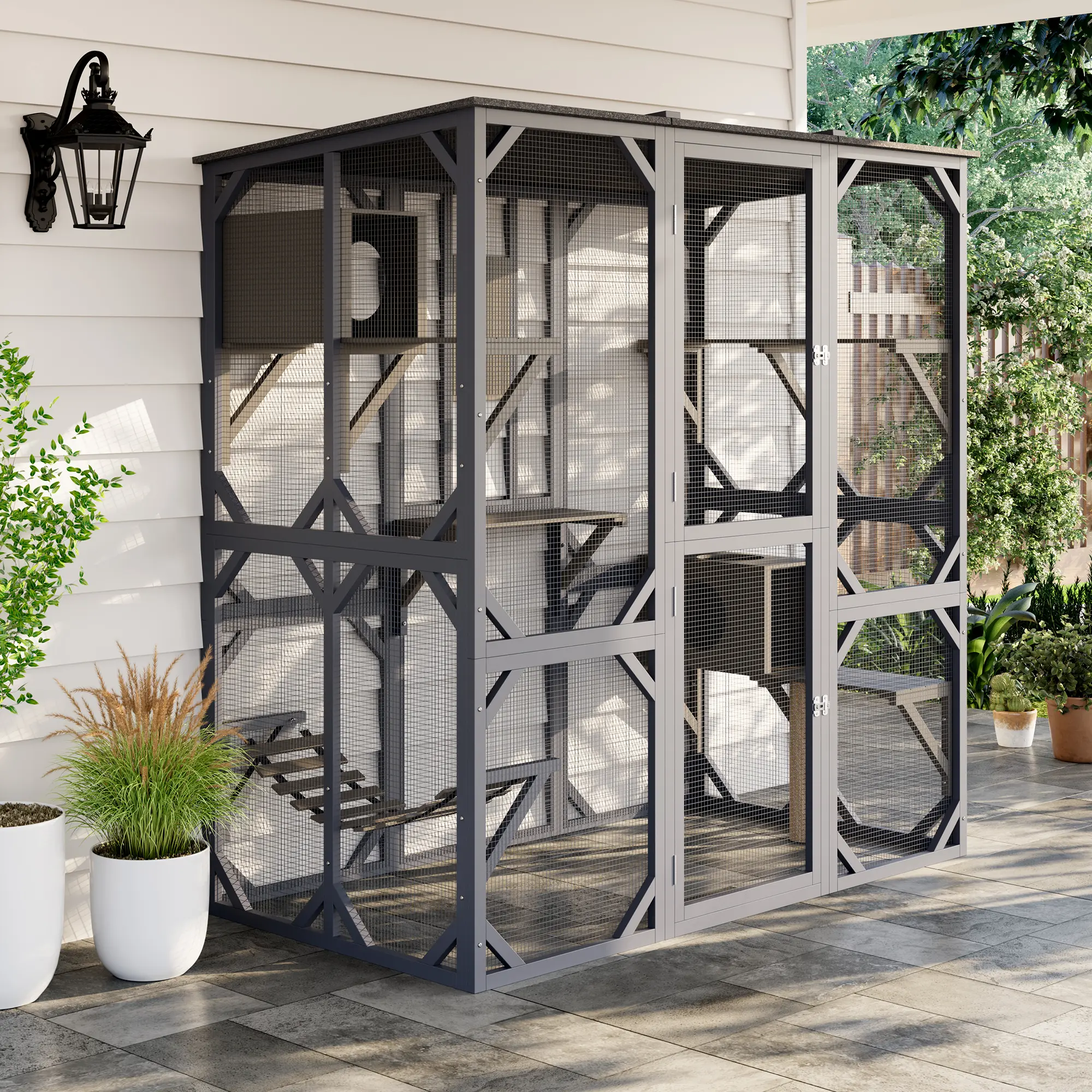 70in Large Outdoor Wood+Metal Walk-In Catio Cat Kennel Enclosure, Weatherproof Roof, Metal Mesh, Window Access, Platforms, Rest Boxes, Bridge, Hammock, Sisal Scratcher