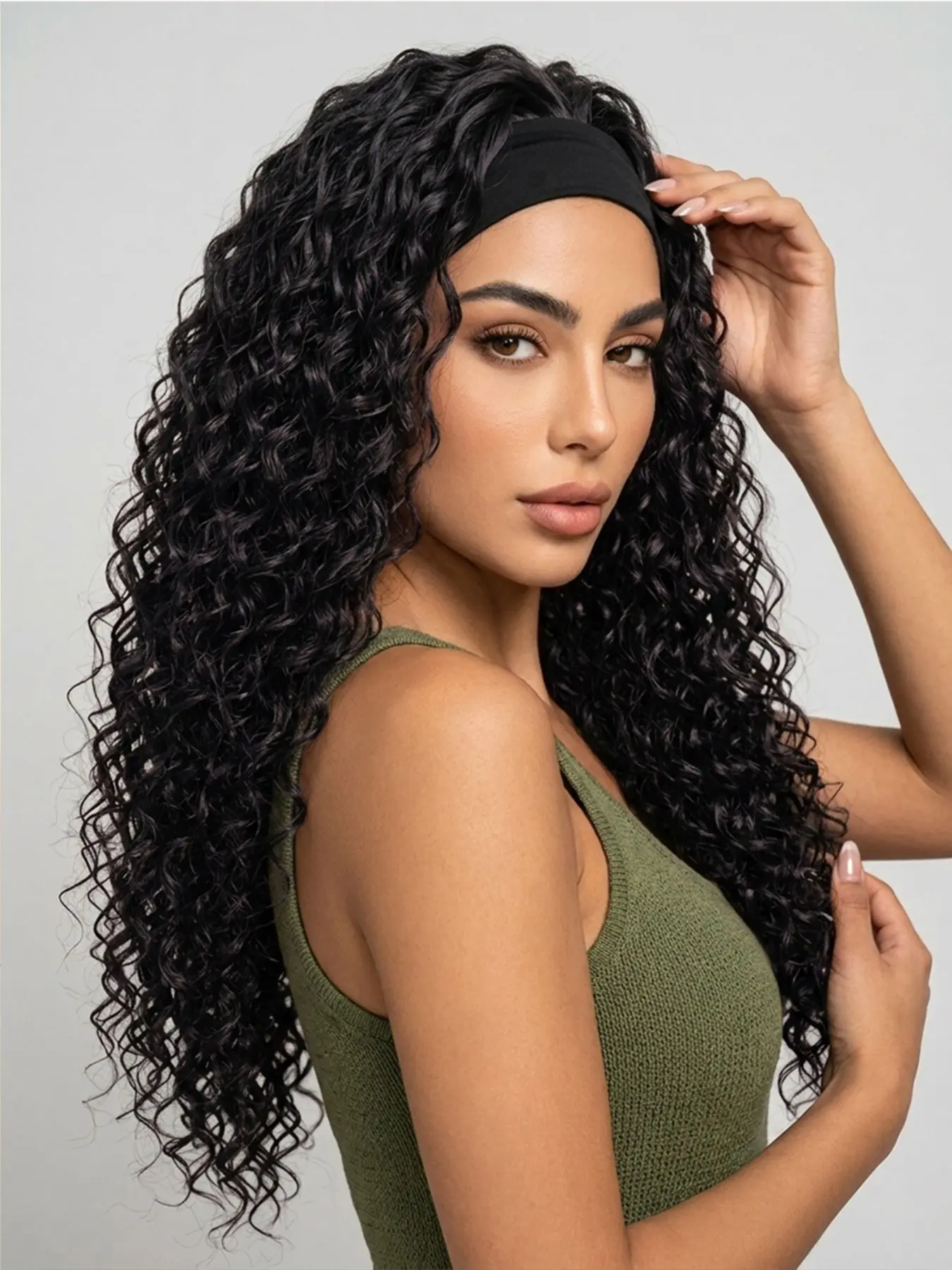22 "Curly Hair Band Female Wig Wavy Black Wig With Headband Synthetic Woven Chemical Fiber Long Curly Hair Wig For Everyday Use And Halloween Cosplay Christmas Fashion Girls