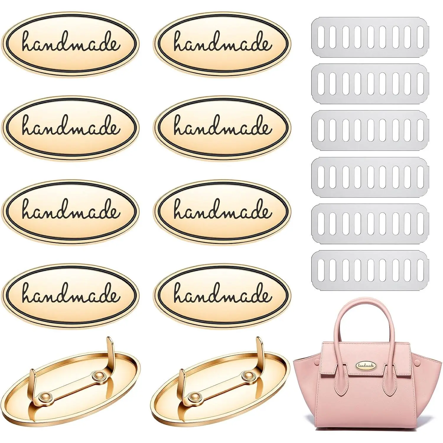 10 Sets Hand Made Tags, Alloy Oval Shape Metal Tags with Shim Crochet Tag for DIY Crafts Sewing Accessories Bag Cloths Jeans Shoes Decoration
