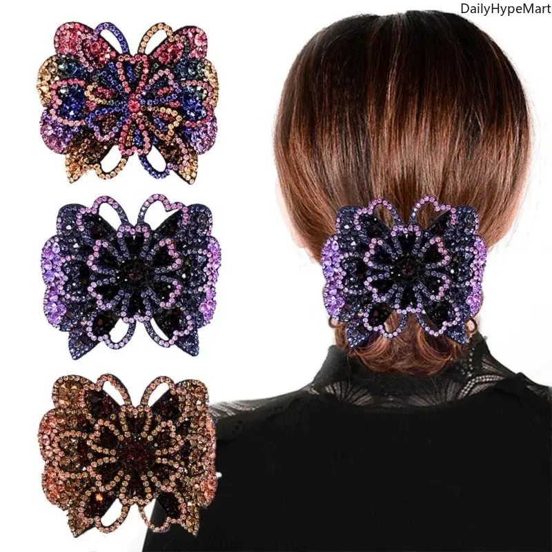 3 Pcs Vintage Hair Clips for Women, Elegant Crystal Rhinestone Flower & Butterfly Barrettes, Sparkle Clip with Strong Hold for Thick Hair, Butterfly Clips