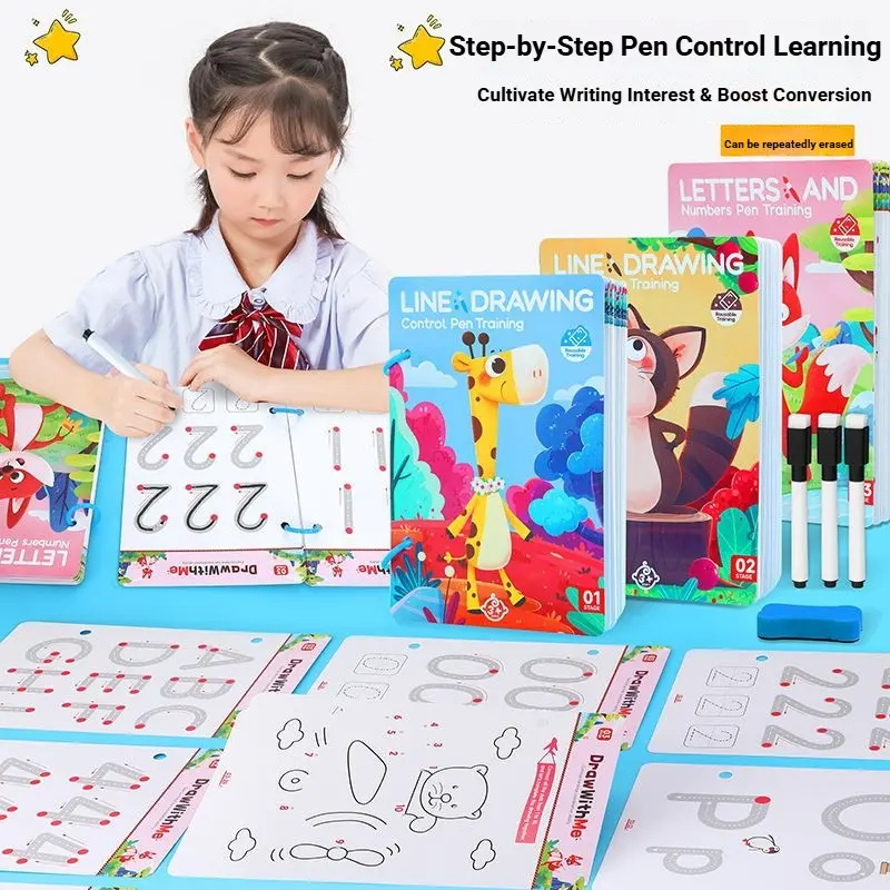 Focus Pen Control Training Cards, Erasable Number and Letter Set, Step-By-Step Writing Practice, Enhance Motor Skills