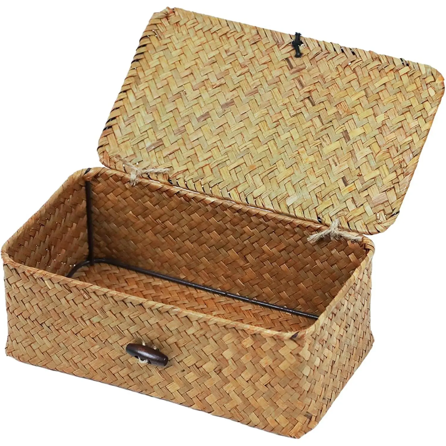 Wicker Storage Basket with Lid, Seagrass Storage Baskets for Organizing | Rectangular Woven Basket for Storage, Decorative Boxes Bins with Lid  Organizer Decor, Small Storage Box, Shelf Organizer