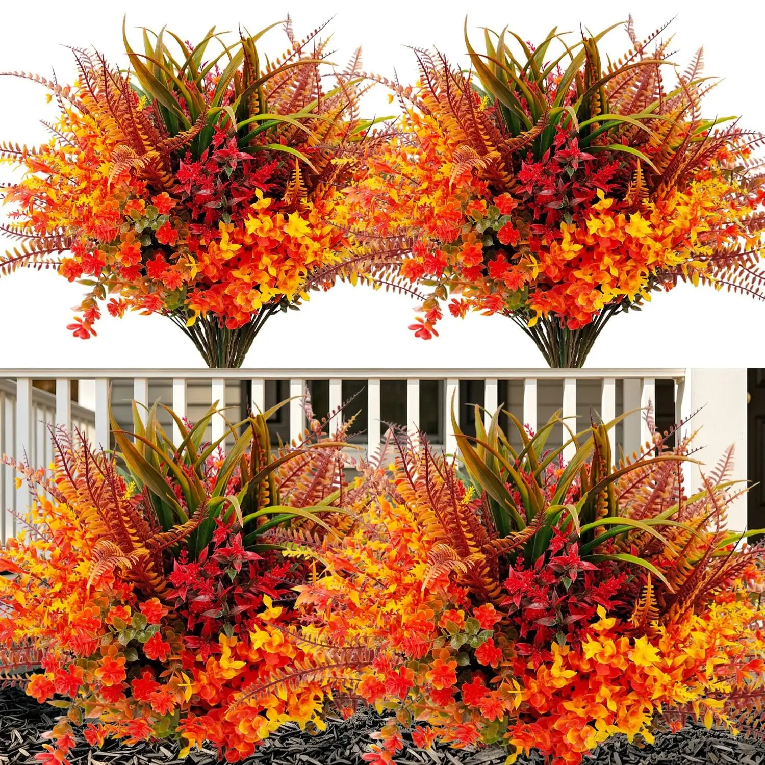 Artificial Fall Decorative Plants Flowers for Outdoors, 24 Bundles Fall Faux Plastic Fake Plants UV Resistant No Fade for Outside Front Door Porch Patio Yard Balcony Planters Autumn Decor, Halloween Party Decor & Thanksgiving Home Decor(6 Mix)