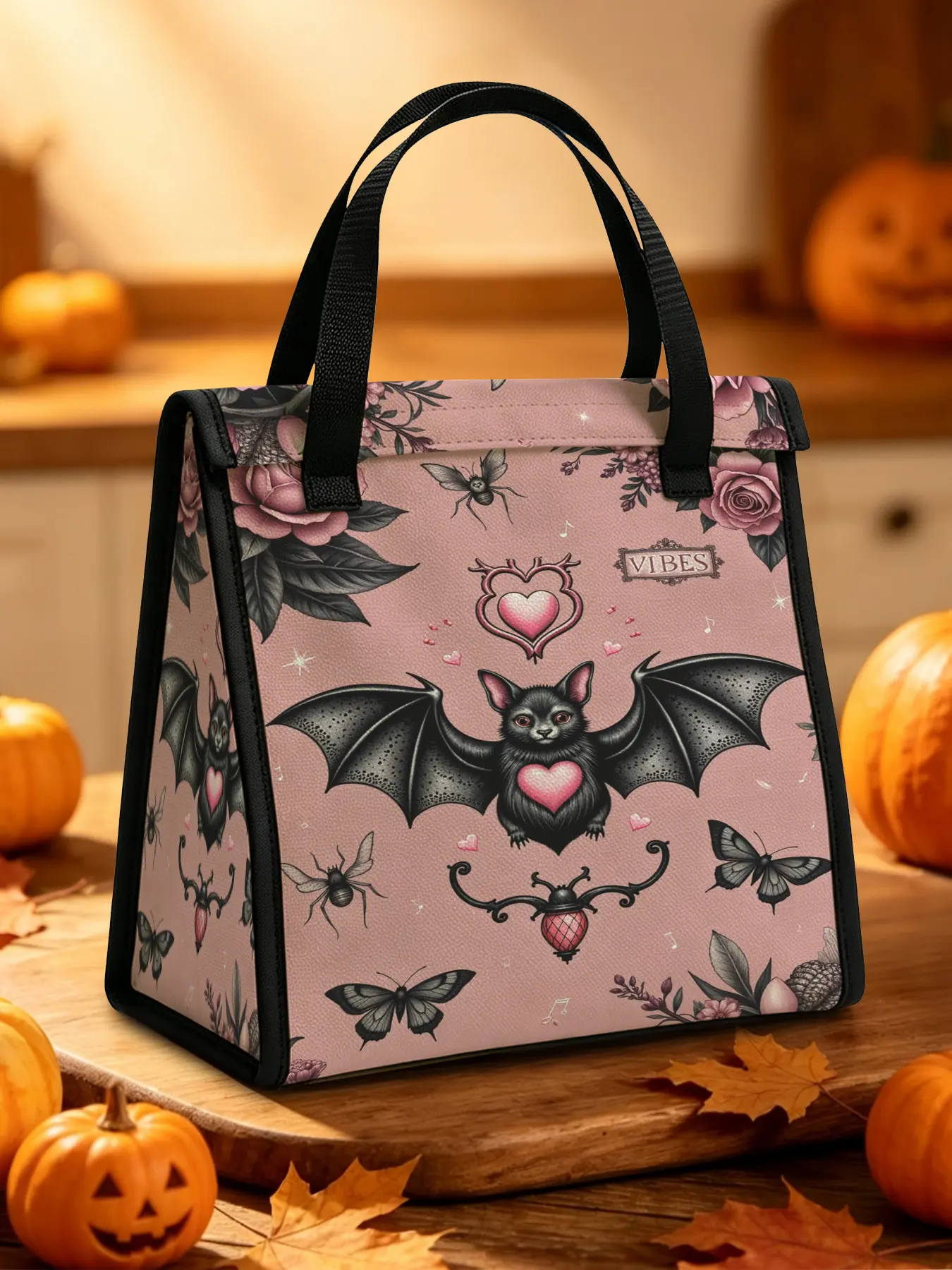 Pink Bat Pattern Lunch Bag Halloween Theme Bento Bag Zipless, Waterproof and Oil Resistant, Suitable for School, Daily Commuting, Camping and Picnicking