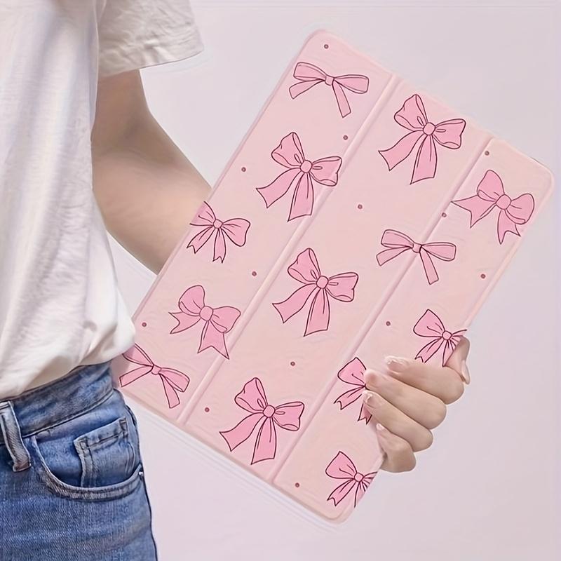 Pink Full-Screen Bow Pattern Tablet Casing with Adjustable Bracket & Pen Slot Foldable Non-Slip TPU Protective Case for iPad Mini Air Pro 10th 11th Gen