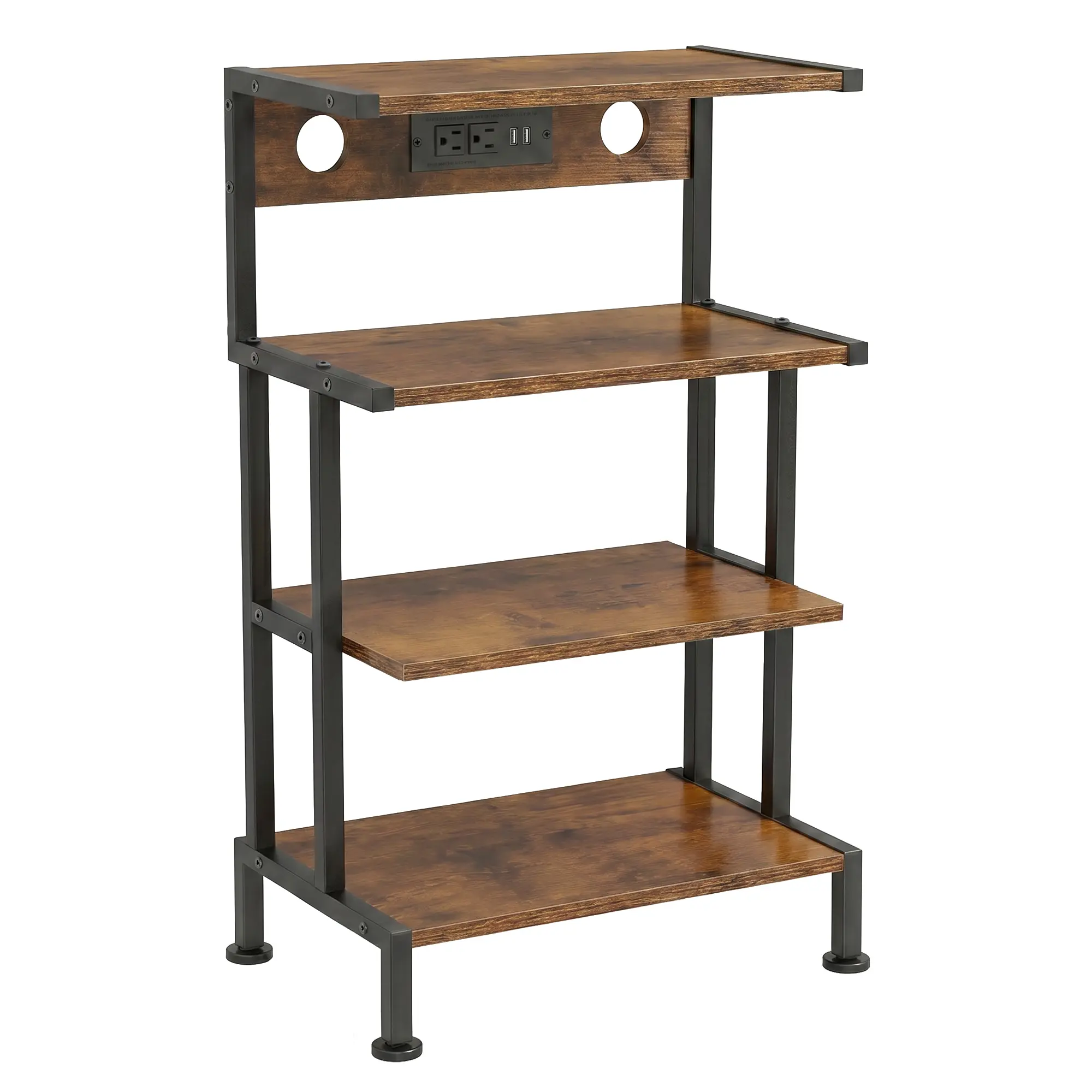 4-Tier Gaming Console Stand with Charging Station, AV Media Shelf with 3 Outlets and 2 USB for PS5 Xbox Switch, Black/Brown