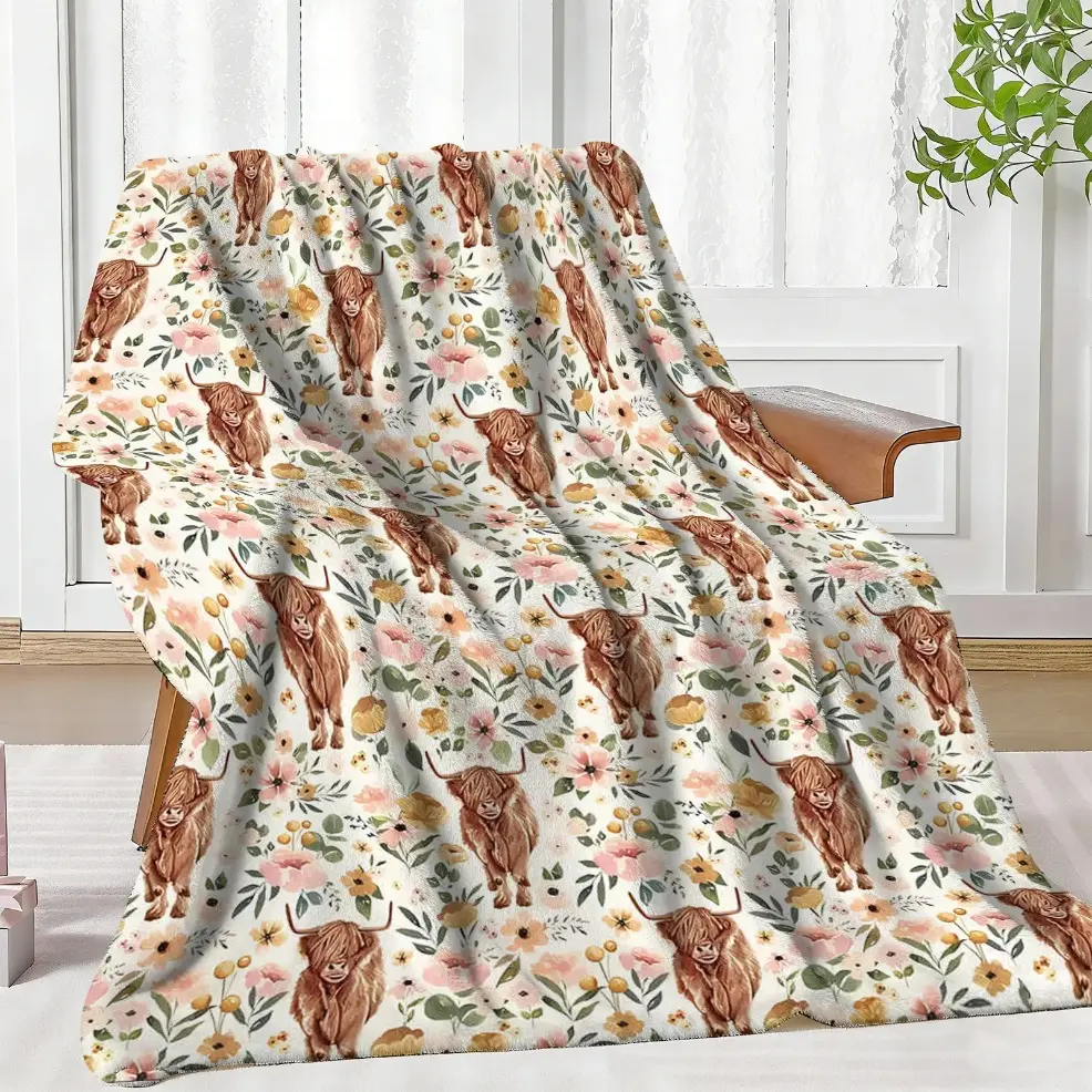 Flannel Woven Throw Blanket - Polyester Woven Fabric, Animal Theme Floral Cow Print, Warm Snuggly Fluffy Wrinkle-Free, Machine Washable for Couch & Bed, Adult Bedding Accessory, Holiday Gift