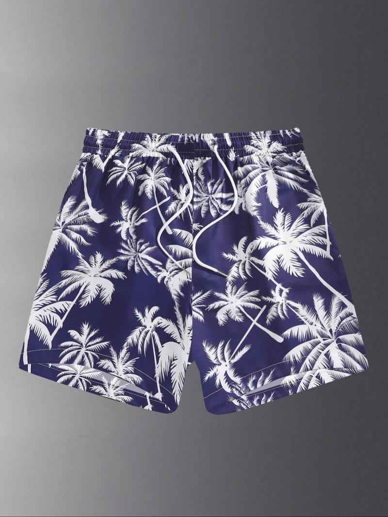 Men's Palm Tree Print Swim Shorts, Regular Fit Casual Comfy Breathable Swim Shorts for Summer, Men's Swimming Swimwear for Beach Vacation, Clothing, Swim Bottoms, Swimtrunks, Summer Swim Trunks, Drawstring Swim Bottom
