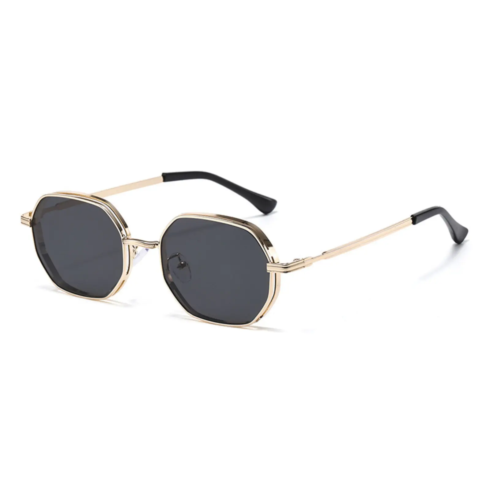 Polygonal Metal Rim Sunglasses for Men Women, Trendy Double Layer Hexagon Sun Glasses, UV Protection Slim Frame Shades, Classic Fashion Eyewear for Driving Vacation Daily Street Style
