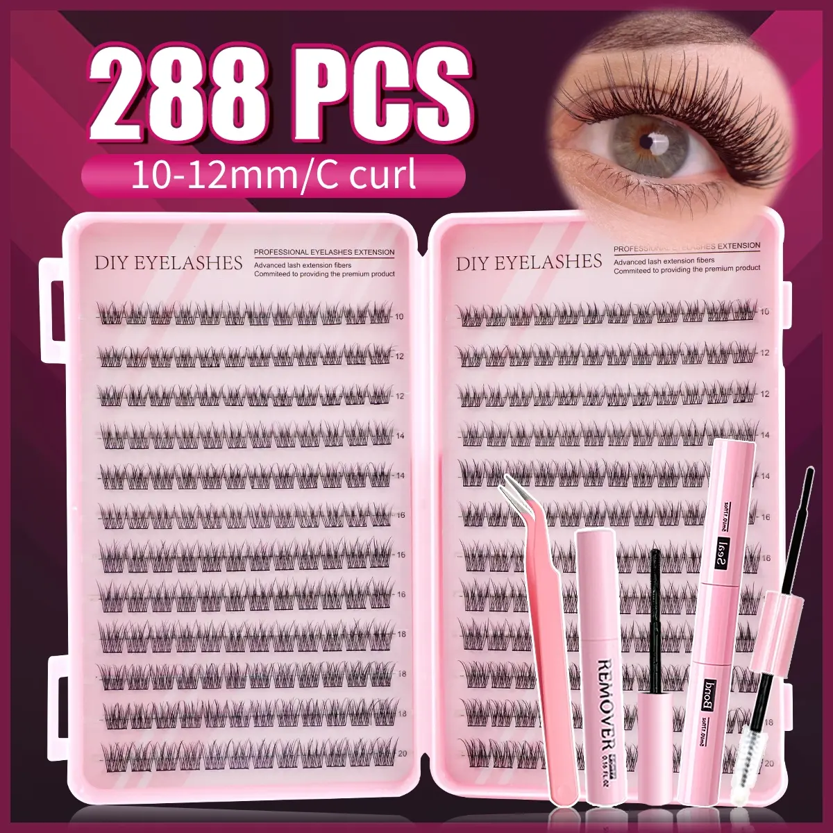 288-Piece Eyelash Cluster Kit, DIY Lash Extensions 10-18mm, 168 Fluffy D Curl Natural Makeup Lashes, Includes Glue & Remover Tools, DIY Eyelashes, Advanced Lash Extension Fibers, Natural Look