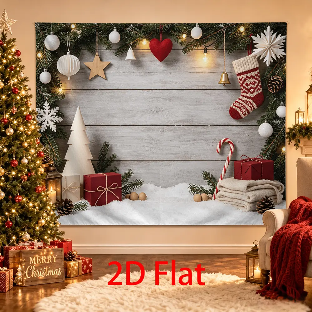 Rustic Gray Wood Christmas Backdrop with Knit Stocking, Red Heart, White Ornaments, Candy Cane, Gifts, Pine Garland and Snowy Photo Background