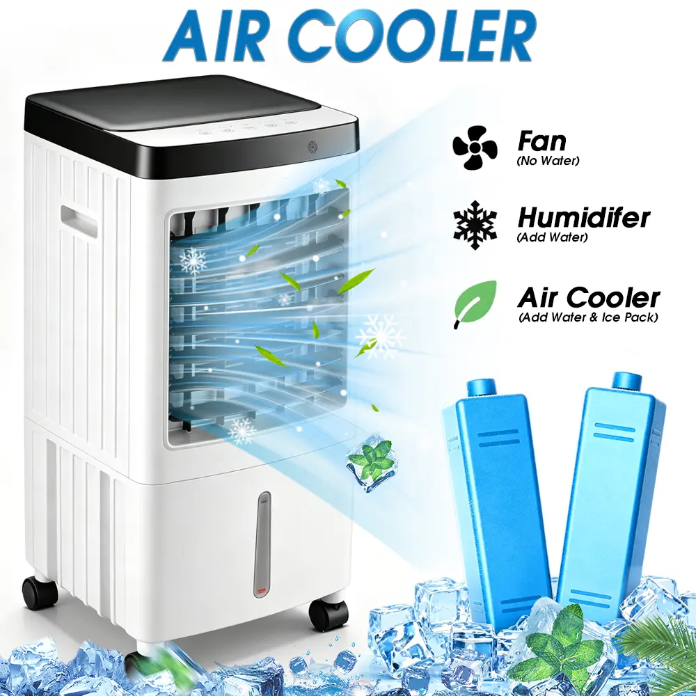 Portable 10L Evaporative Air Cooler - 3-in-1 Cooler with Humidifier, 3 Wind Speeds, Wide-Angle Airflow, 7H Timer, Detachable Filter, Visible Water Level, Lightweight for Home & Office