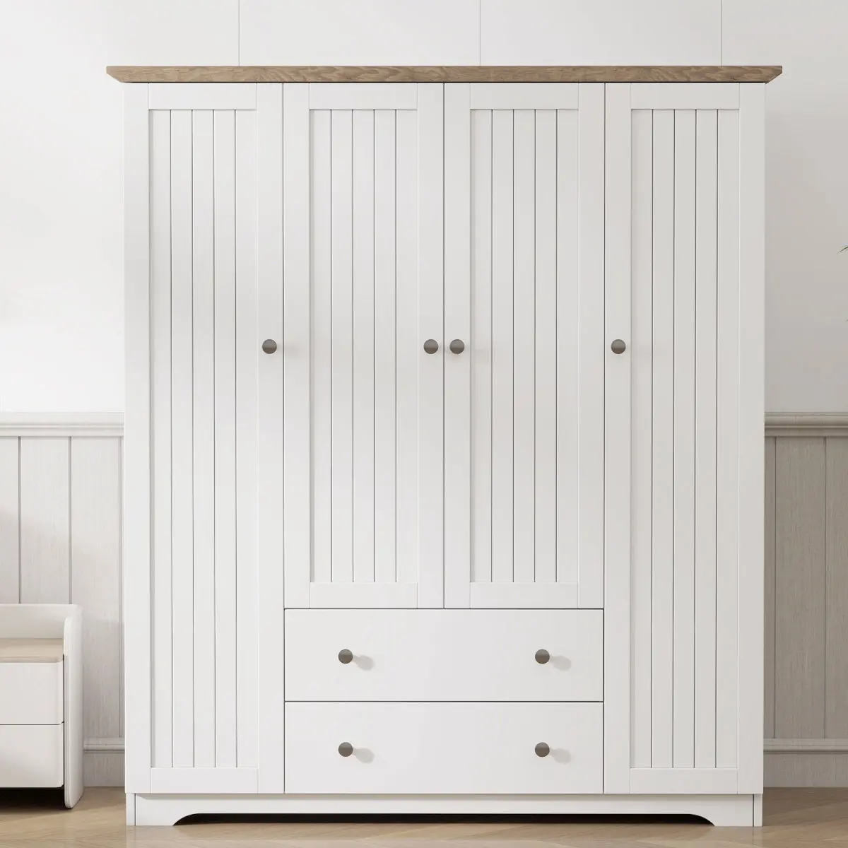 Aobtkel 4-Door Wardrobe Armoire Closet with 2 Drawers, White, Two Drawers, With Doors