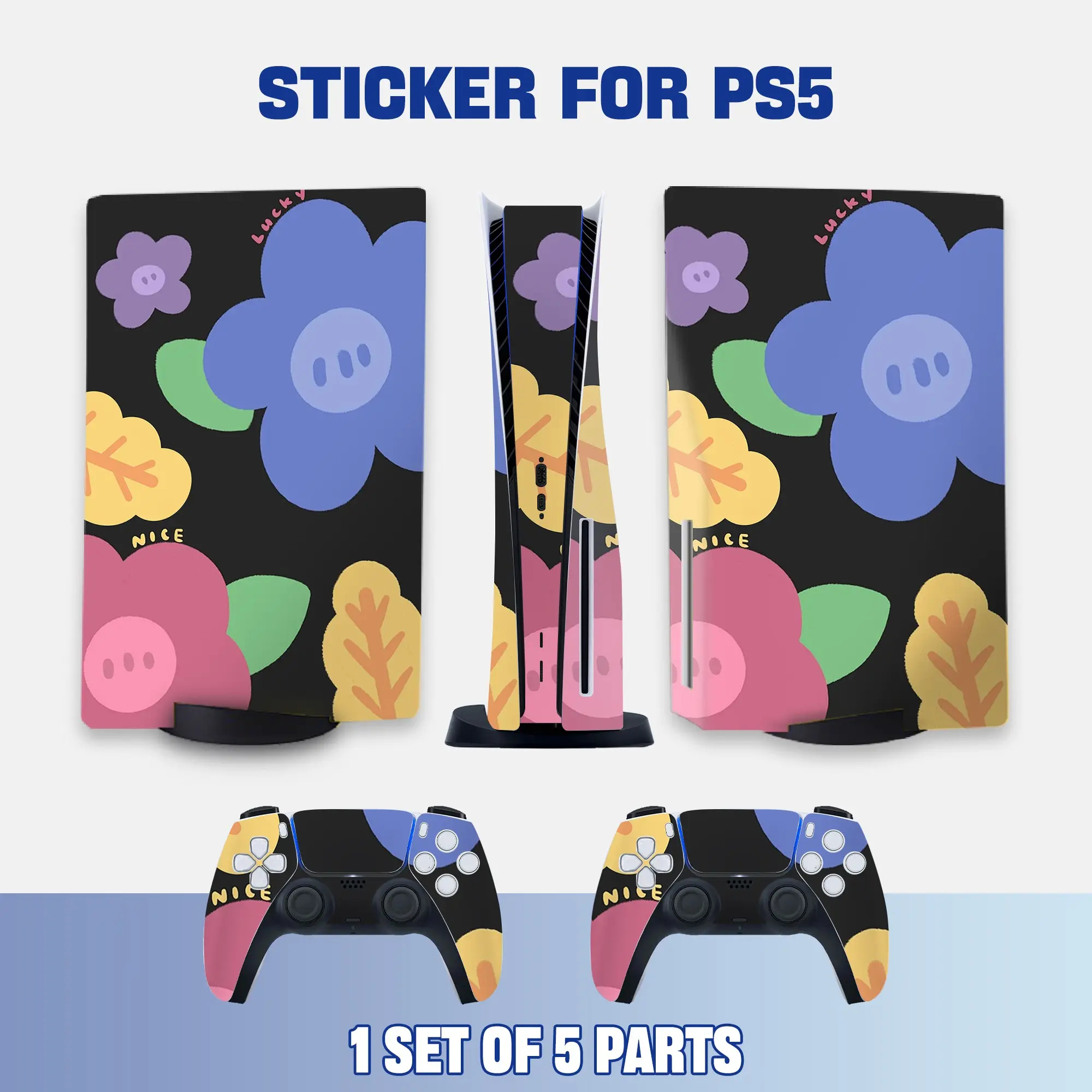 Colorful Cartoon Flower Cute Style PS5 Disc Edition Vinyl Skin Sticker for Console & Controllers, Waterproof, Scratch-Resistant, Dustproof, Removable & No Residue