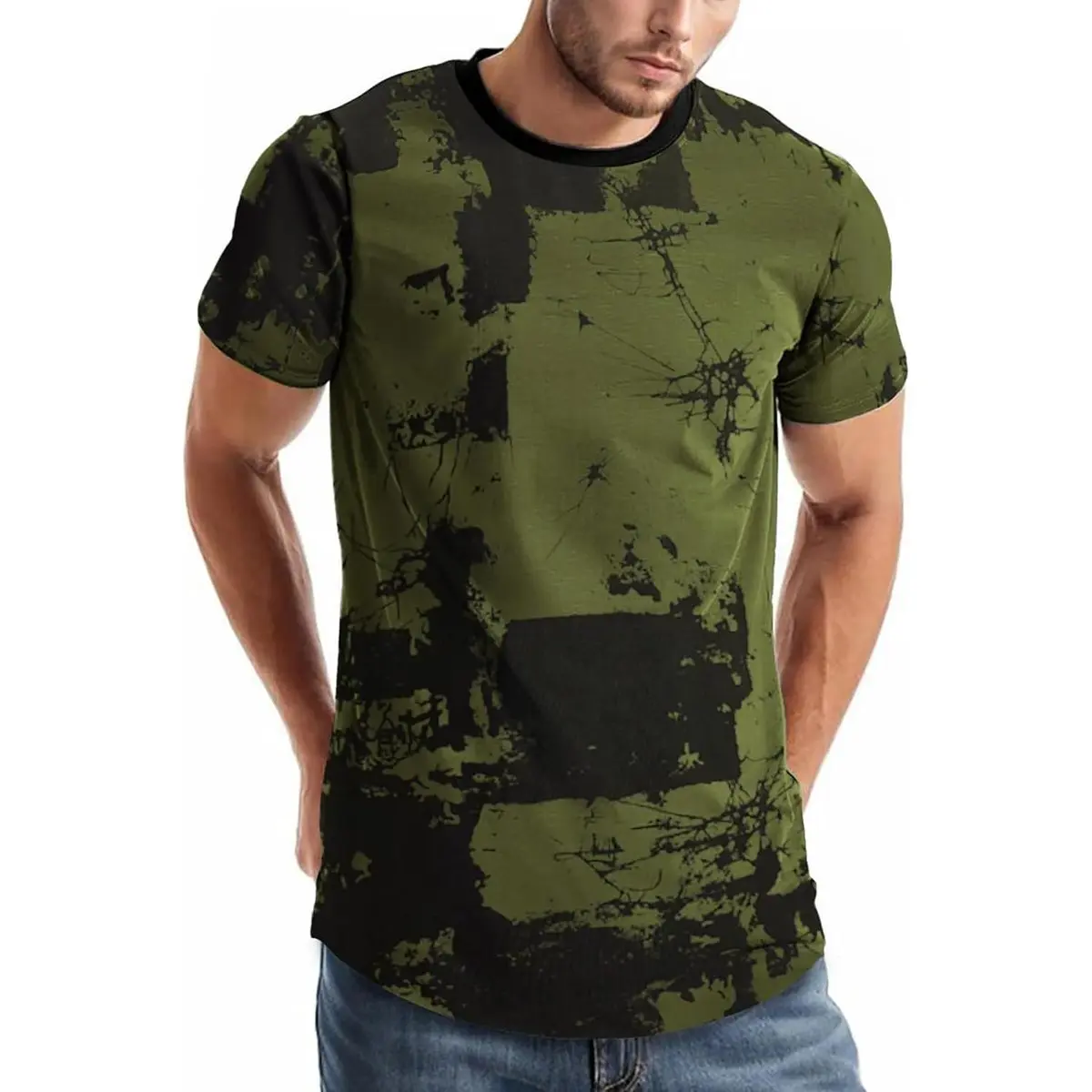 Men’s Olive Green Abstract Grunge T-Shirt, Black All Over Print Short Sleeve Crew Neck Longline Tee with Curved Hem, Urban Streetwear Casual Top   print