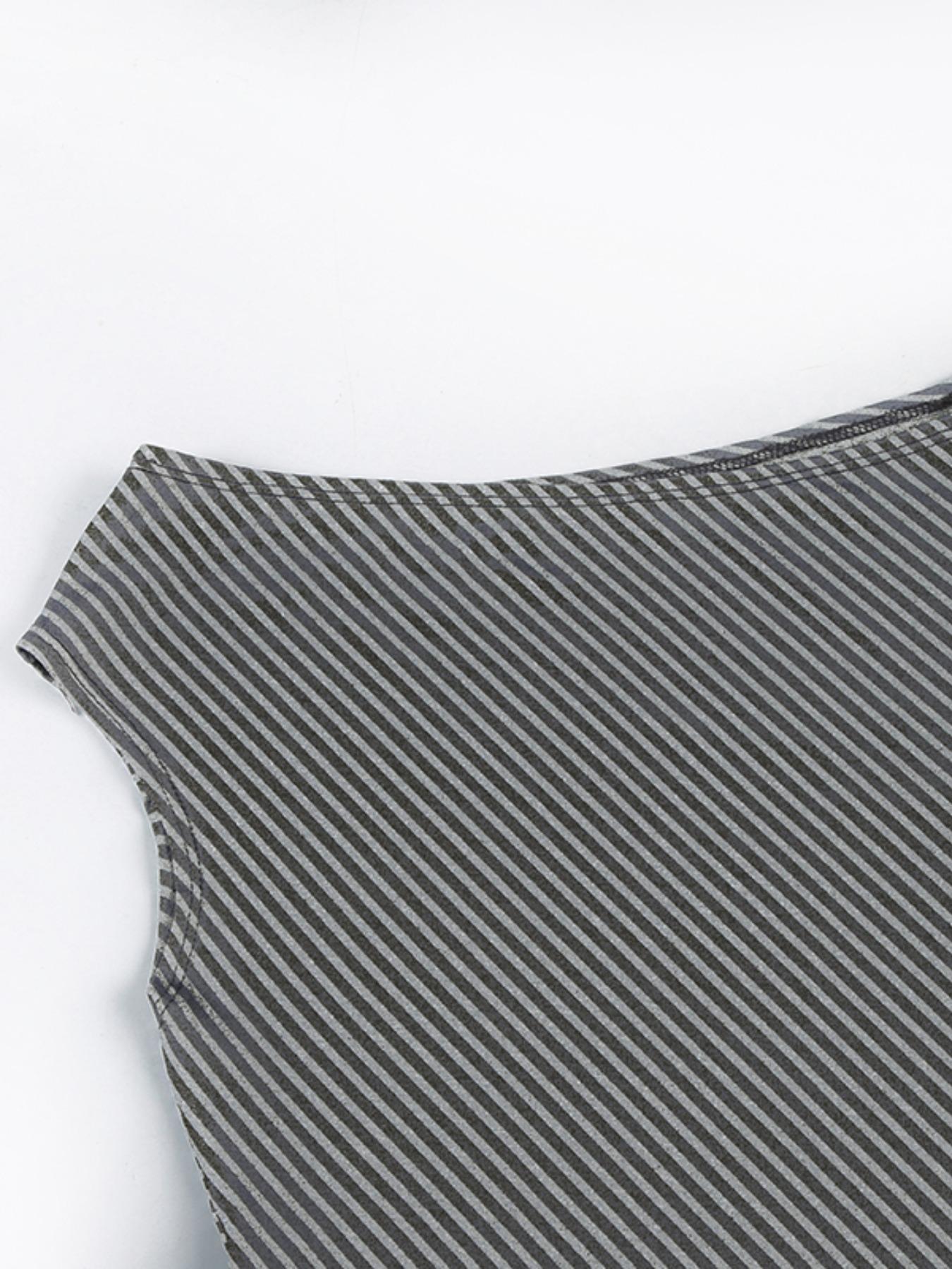 Women's Striped Print Asymmetrical Neck Tee, Casual Short Sleeve T-shirt for Summer, Fashion Women's Top for Daily Wear