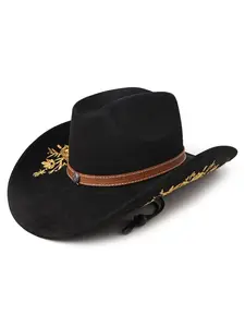 Unisex Western Classic Cowboy Hat, Wide Brim Floral Embroidery, Adjustable Wind Cord, Vintage Style, Sun Protection, Party Wear, Daily Use
