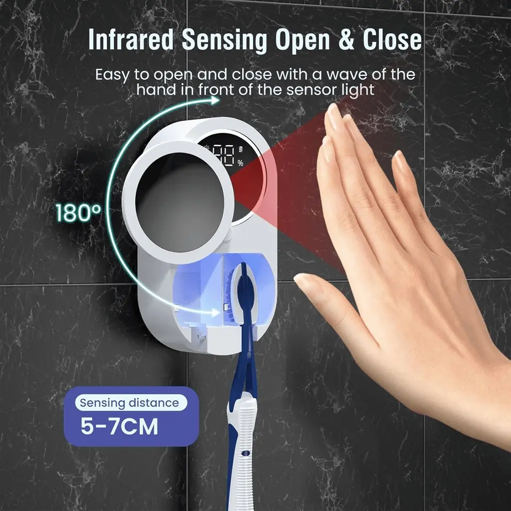 Toothbrush Disinfector Holder, Wall-Mounted Bathroom Toothbrush Rack, Automatic Sensor Lid, 140°f Air Drying, Fits Most Electric and Manual Brushes, Toothbrush Sterilizer Holder, Toothbrush Sanitizer Holder