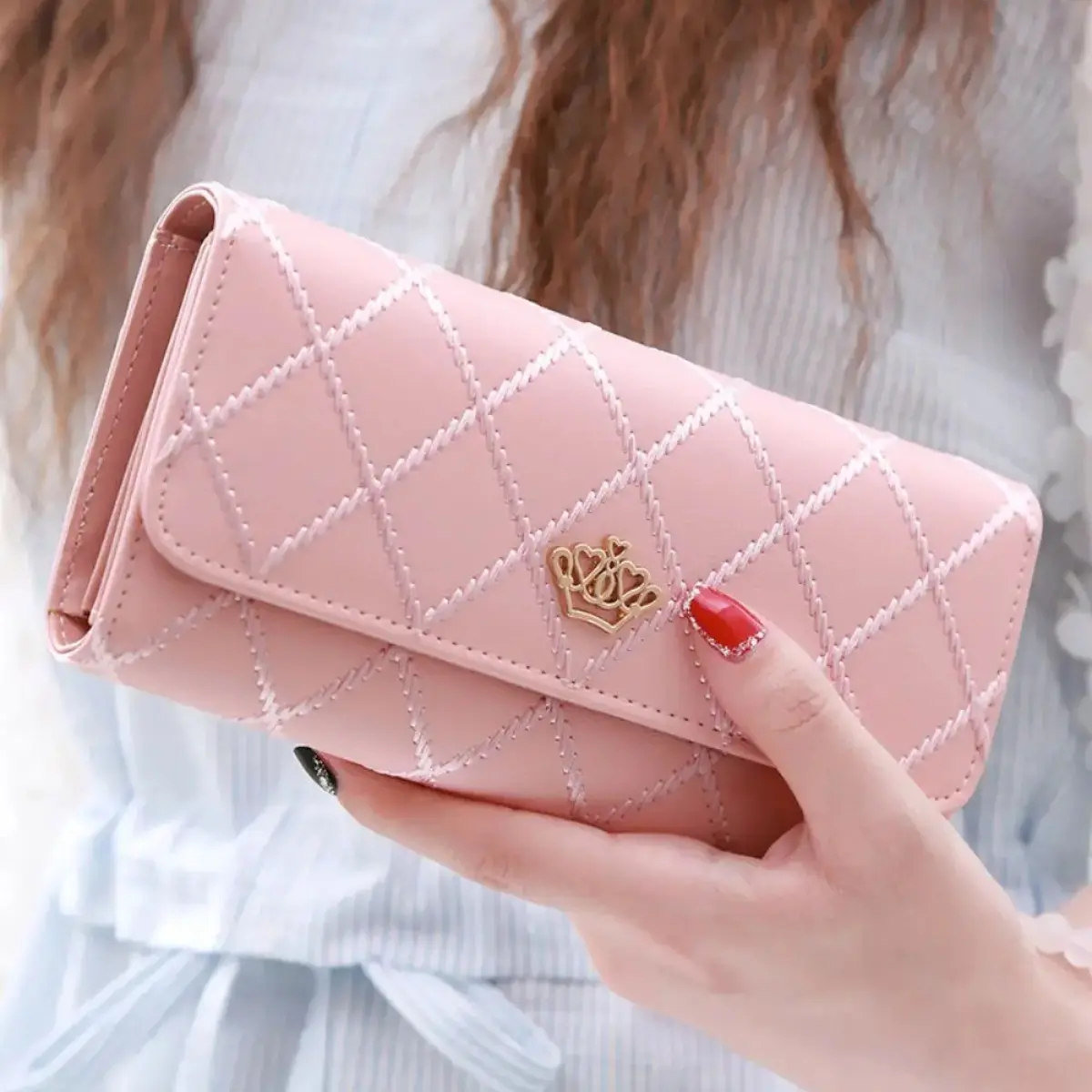 Women's Quilted Diamond Clutch, Long Foldable PU Leather Organizer with Gold Crown Hasp, Large Capacity Phone and Card Holder, Womens Gifts, Accessories For Women, All Over Print, Anti-Theft, Business, Card Handling Women's Wallets