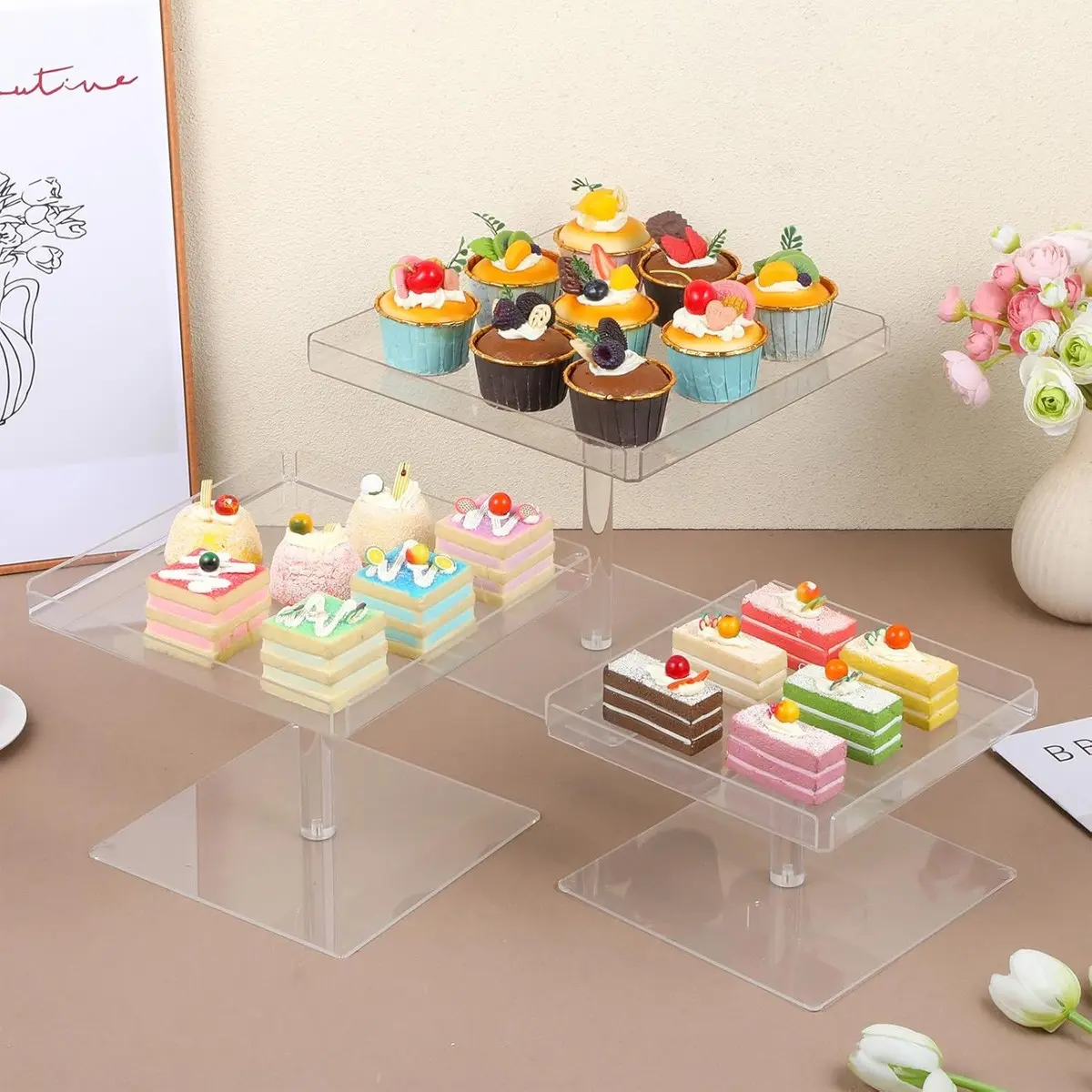 Acrylic Dessert Display Stand, Transparent Square Tray, Buffet Table Elevator, Ideal for Birthday, Wedding, Baby Shower Dessert Showcase, Cupcake Dessert Stand