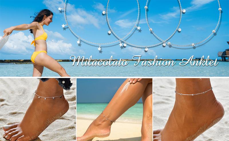 Milacolato Anklet for Women  Ankle Bracelet Layered Bead Dot Star Heart Infinity Ankle Bracelets Durable Cuban/Figaro/Herringbone Link Chain Ajustable Foot Ankle Bracelet Beach Jewelry