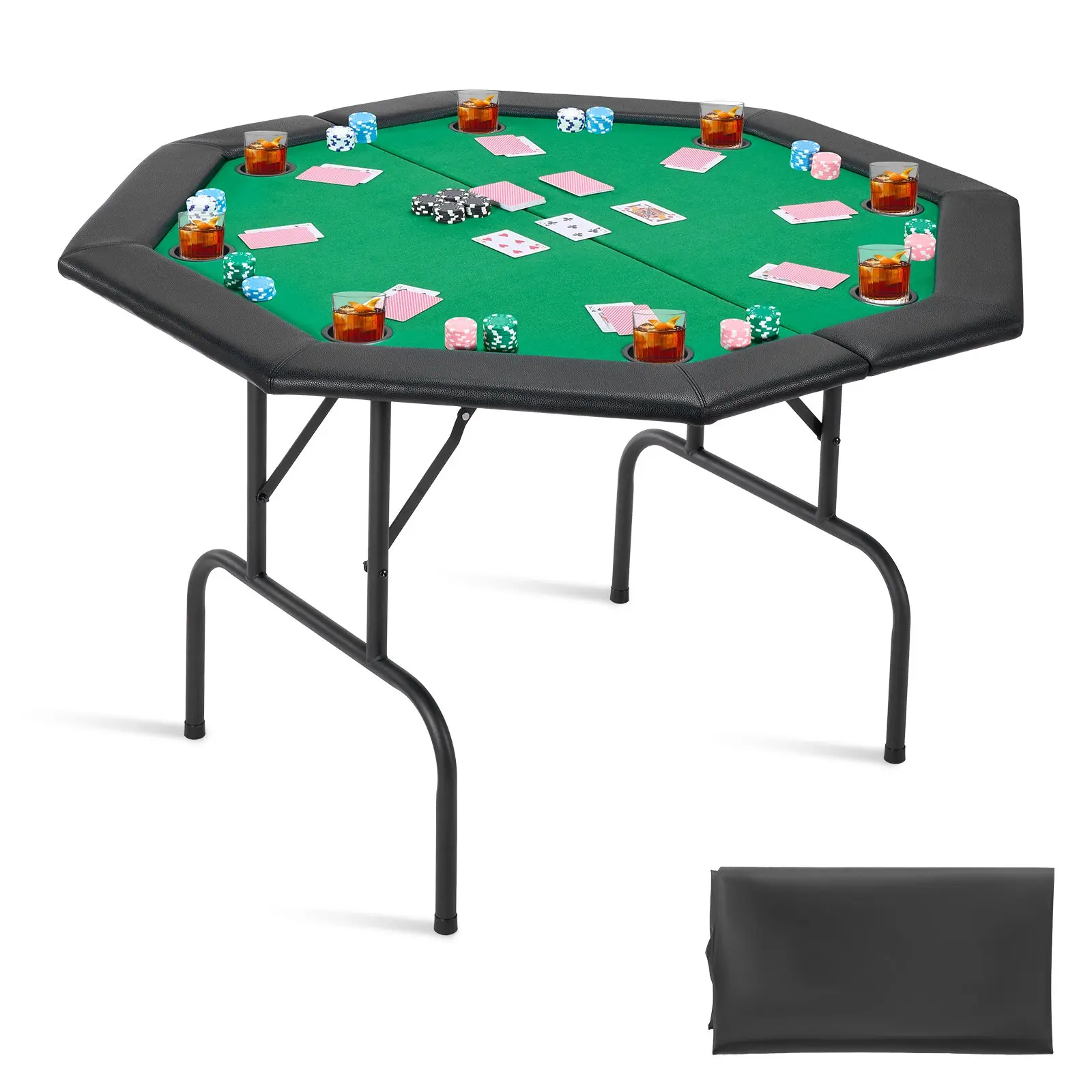 【DealsForYouDays】VEVOR Foldable Poker Table, 8 Player 48 in Folding Casino Leisure Table with Padded Rails Cup Holders, Octagonal Portable Game Tables with Felt Metal Legs, for Texas Hold'em Game and Blackjack
