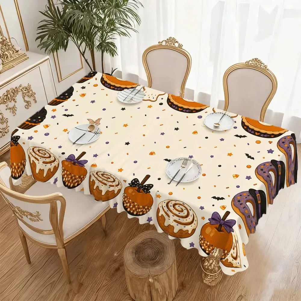 Cream Halloween Dessert Pumpkin Pie Cinnamon Roll Candy Apple Donut Cupcake Ghost Cookie Border Print Tablecloth, Polyester Table Cover