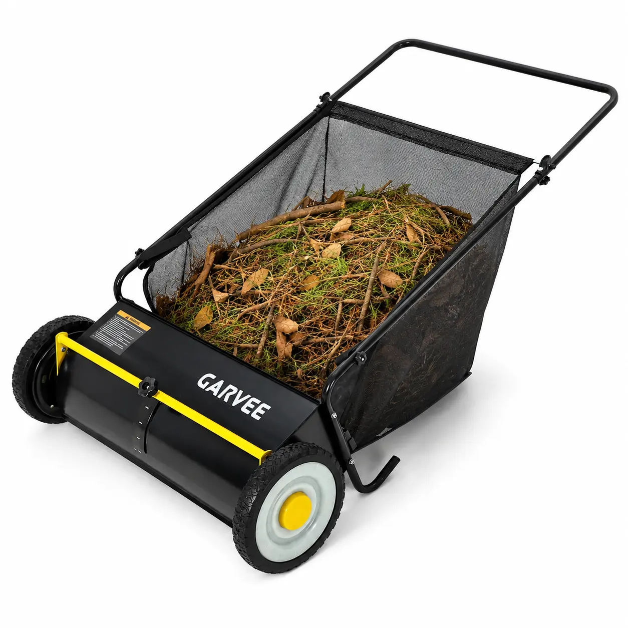 Garvee 26-Inch Push Lawn Sweeper, Manual Yard Leaf Collector with 4 Spinning Brushes, 7 Cu. Ft. Mesh Hopper, Adjustable Brush Height, Steel Frame and 10-Inch Wheels for Leaves, Grass Clippings, Pine Needles and Dry Debris on Lawns, Driveways & Patios