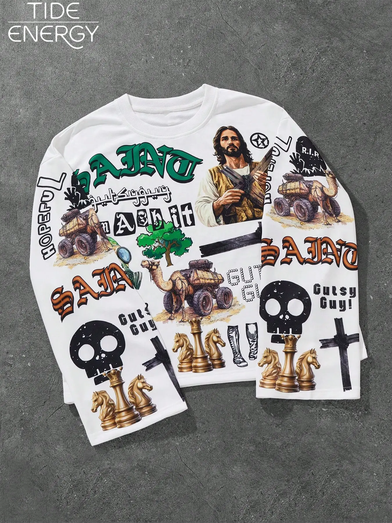 Y2K American Retro Multi-Element Patchwork Sweatshirt, Long Sleeve, Loose Fit, Graphic Print, Fall & Winter, Casual Style, Trendy Layering Piece