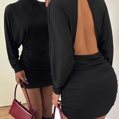 Women's Backless Ruched Bodycon Mini Dress, Mock-Neck Long Batwing-Sleeve Design, Stretchy Soft Fabric for Street Style, Club Nights and Gatherings