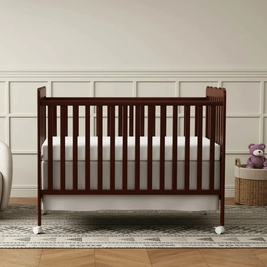 3-in-1 Convertible Baby Crib - Solid Pine Wood Toddler Bed & Daybed with Locking Wheels - Adjustable Mattress Height, Grows with Baby from Newborn to Toddler, White