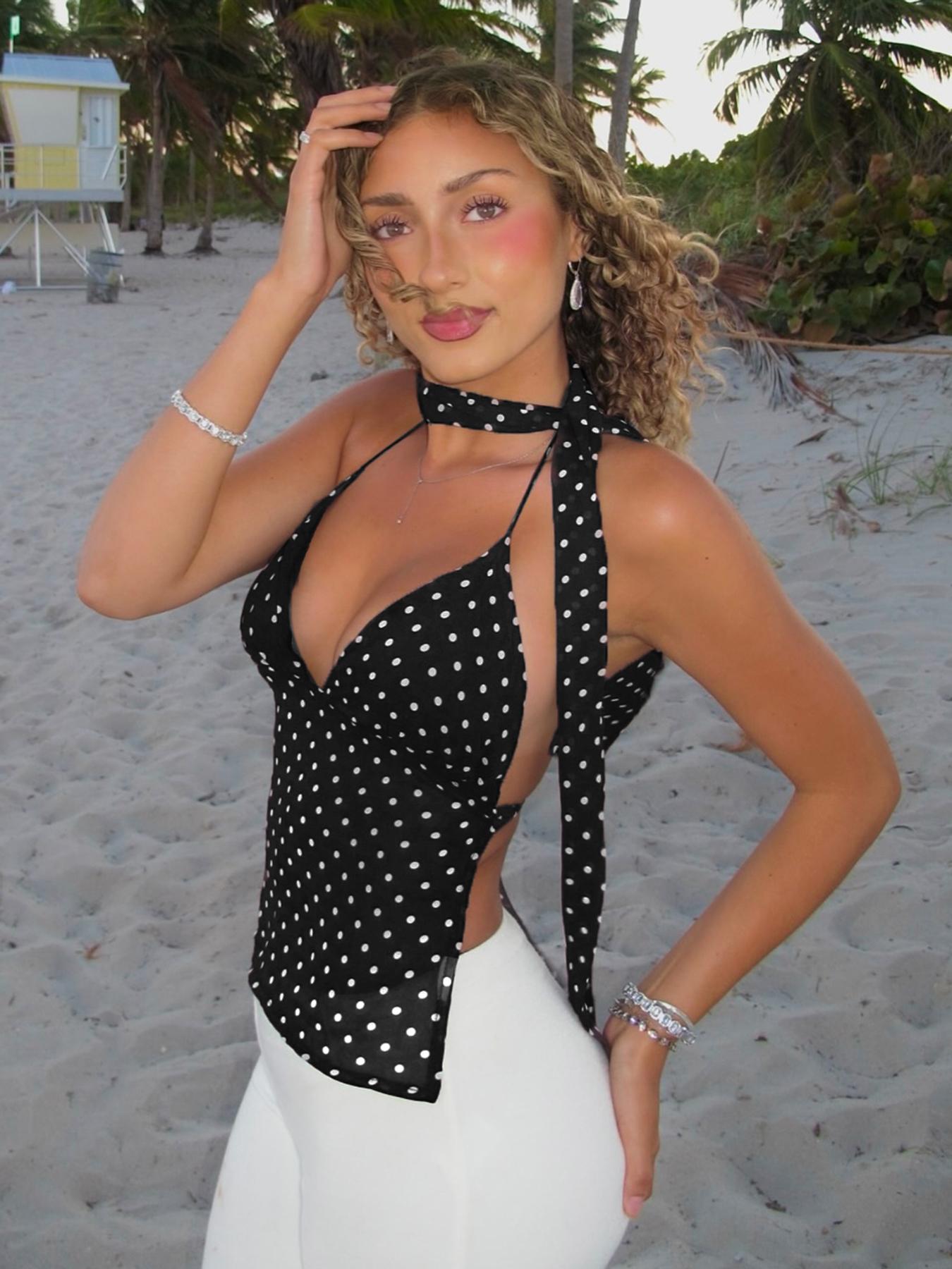 Women's Polka Dot Print Tie Back Halter Neck Cami Top with Scarf, Y2k Fashion Backless Sleeveless Top for Daily Outdoor Wear, Ladies Clothes for Summer, Womenswear